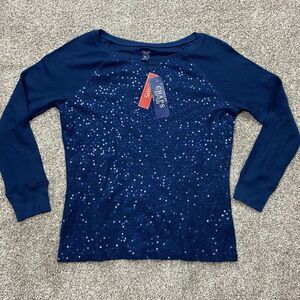 Chaps shirt womens L Sparkle geometric disco shiny retro blue Luminous Glamorous